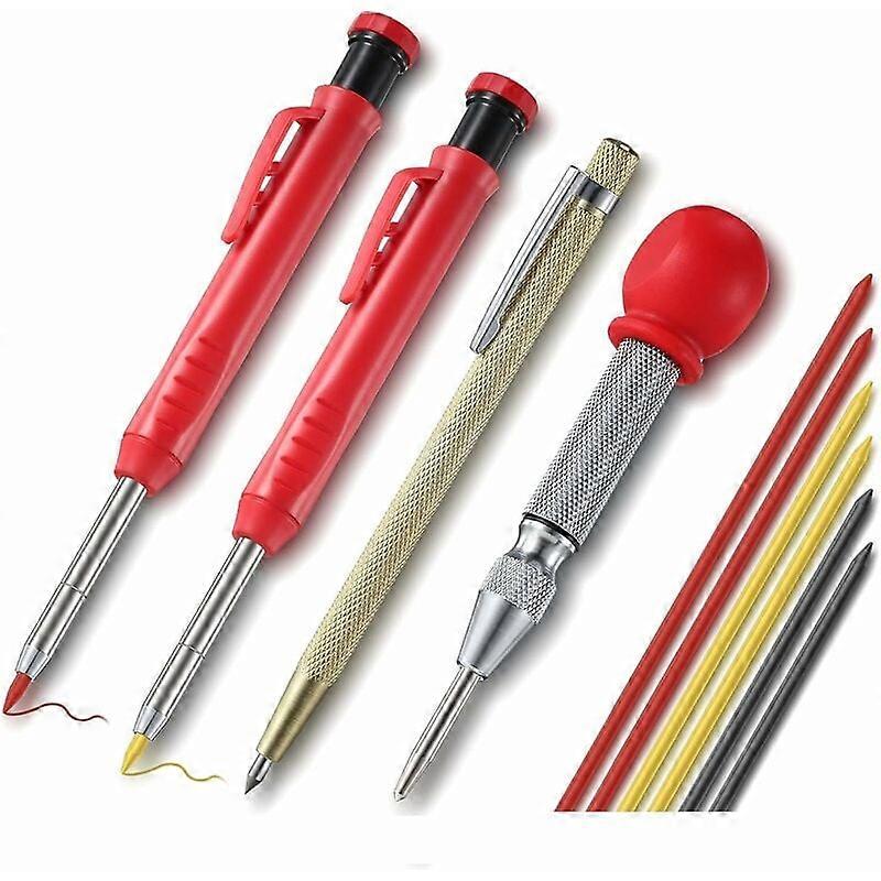 Set of 2 Carpenter's Pencils for Construction with 6 Marker Refills, Carbide Scribing Tool and Automatic Centre Marking Tool for Architect Marker Carp