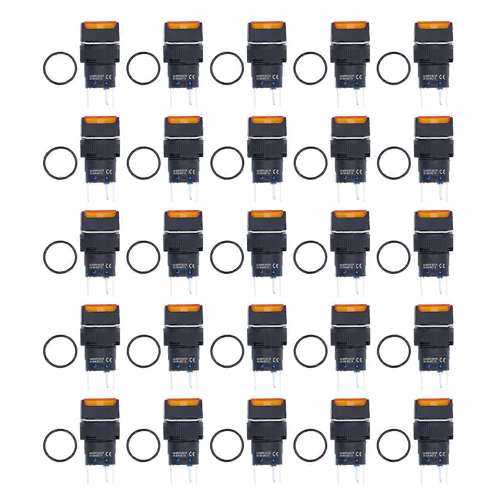 25Pcs Push Button Switch Momentary Self Locking 16mm Square with Light Set Kit 12VYellow