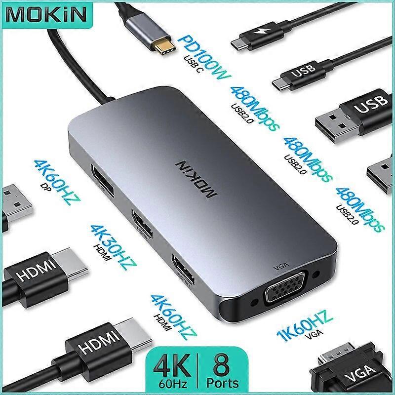 MOKiN 8 in 1 Docking Station for MacBook Air Pro iPad Thunderbolt Laptop USB2.0 HDMI 4K60Hz DP 4K60Hz VGA 1K60Hz PD 100W