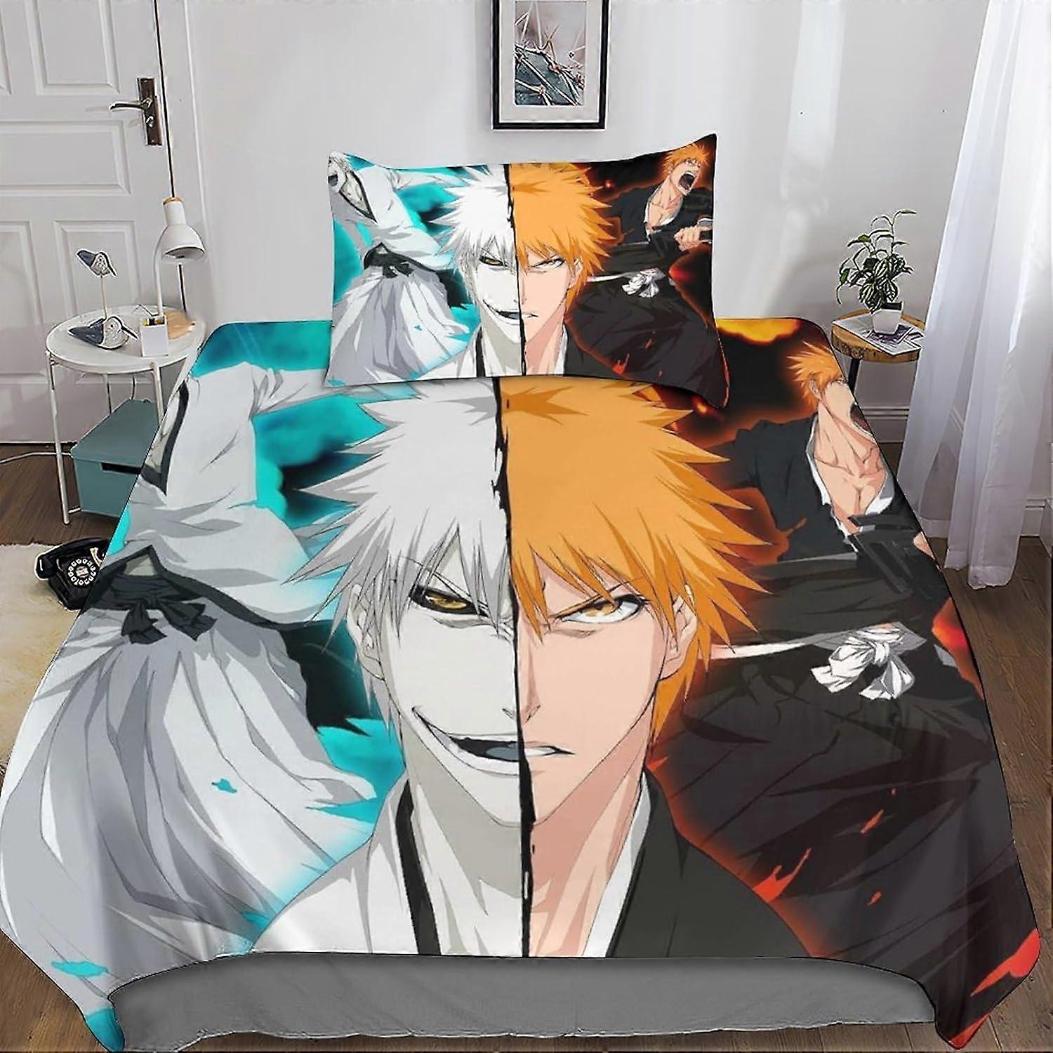 Zestaw pościeli 3D Bleach Poszwy na kołdry z mikrofibry 2 szt Zestaw poszewek na kołdrę anime z zapięciem na zamek błyskawiczny Poszewki na poduszki dla dorosłych Pojedyncze