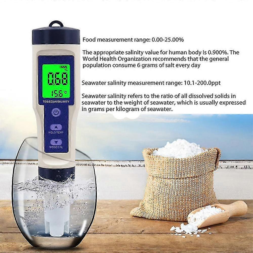 5 In 1 Digital Temperature Meter Tds//ph/salinity Water Quality Monitor Tester For Pools, Drinking