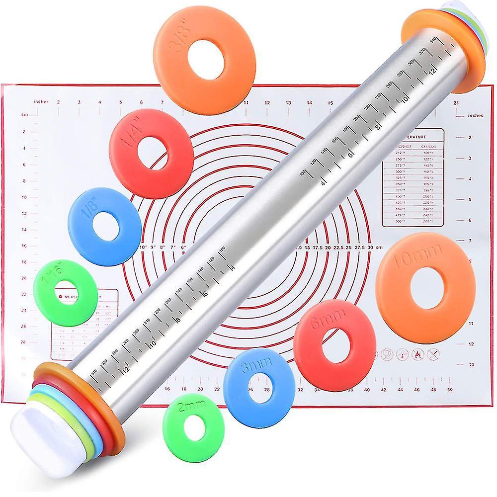 Adjustable Rolling Pin With Thickness Rings And Pastry Mat Set