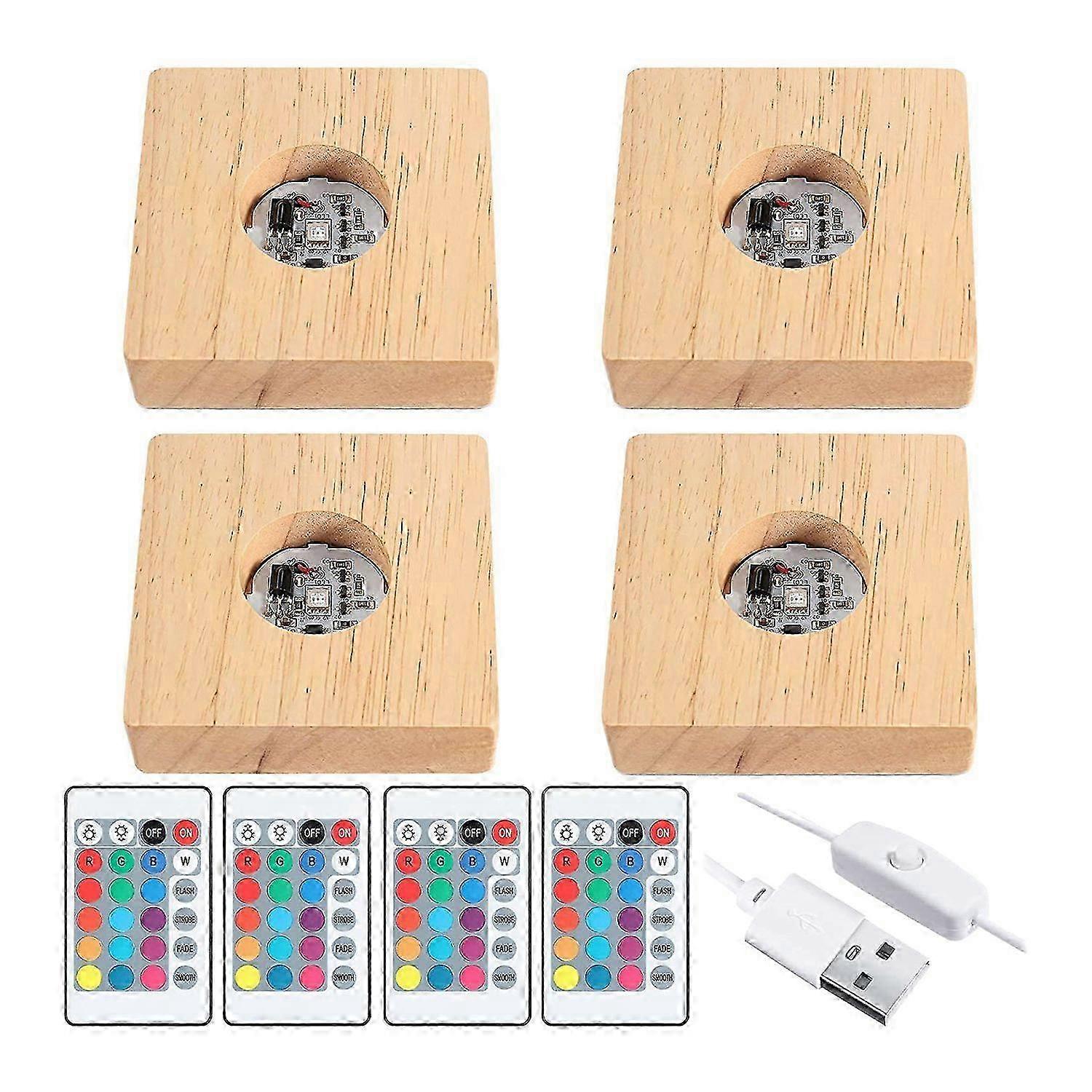 4 pcs en bois LED veilleuse base lumière d’affichage lampe base support avec télécommande compatible avec 3D Crysta
