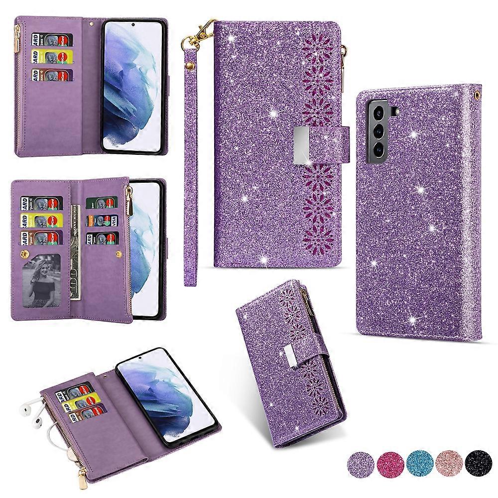 Compatible with Samsung Galaxy S21 FE 5G Bling Wallet Case Glitter Leather Magnetic Stand with Card Slots Zipper Pocket Cover
