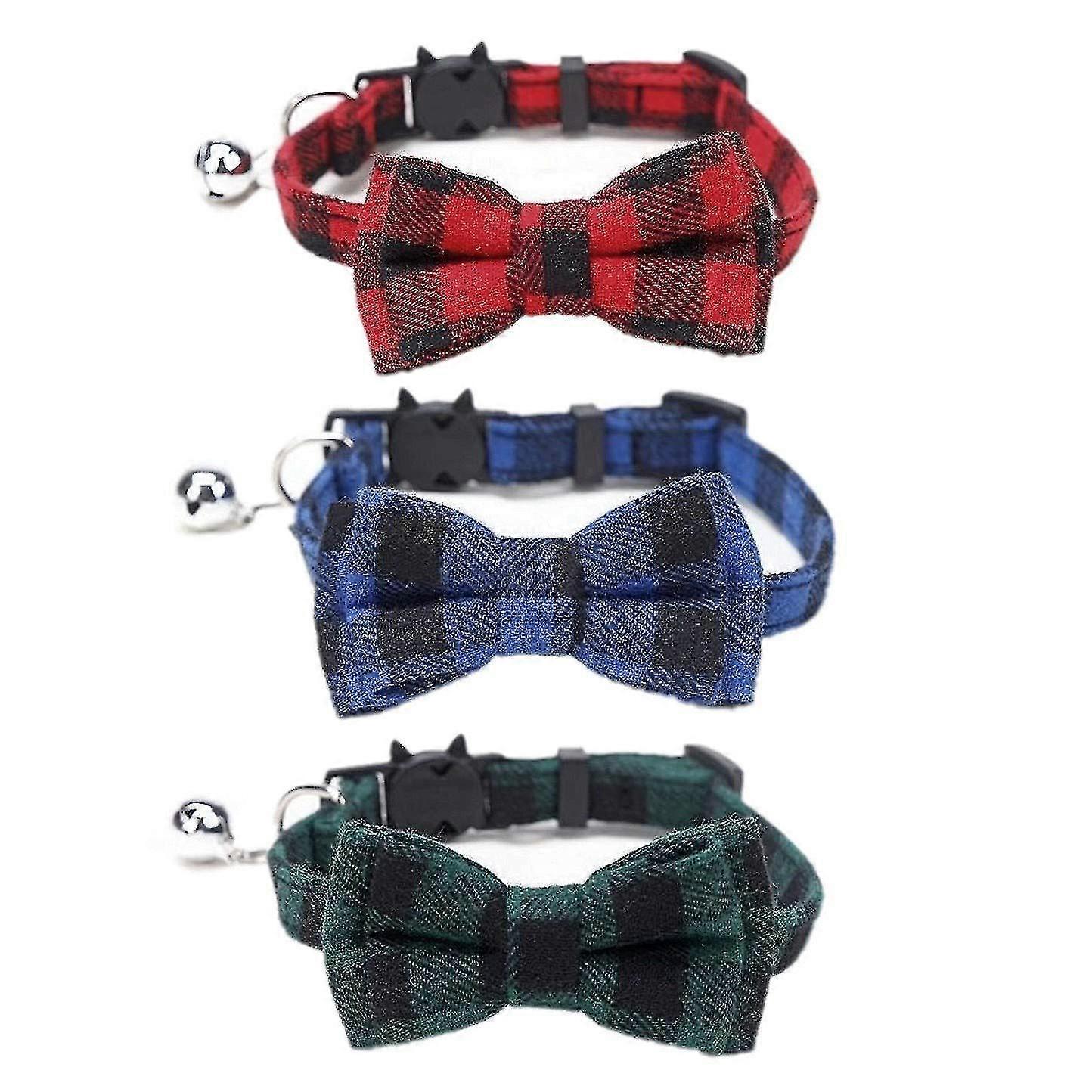 3 X Quick Release Cat Collar With Bell And Bow Tie, Plaid Cat Collar With Bow Removable, Breakaway Cat Collars With Bells