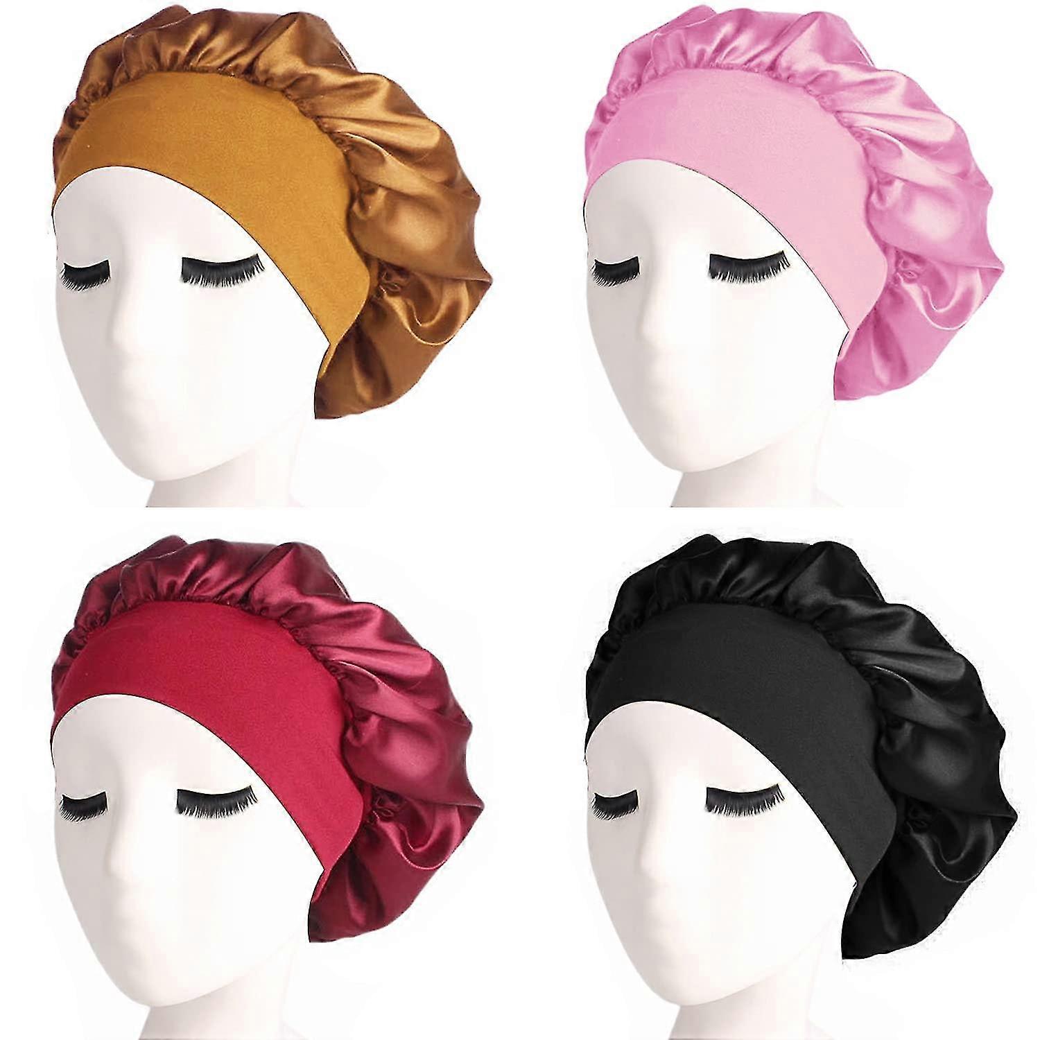 4 Pieces Satin Sleep Cap Elastic Wide Band Hat Night Sleeping Head Cover