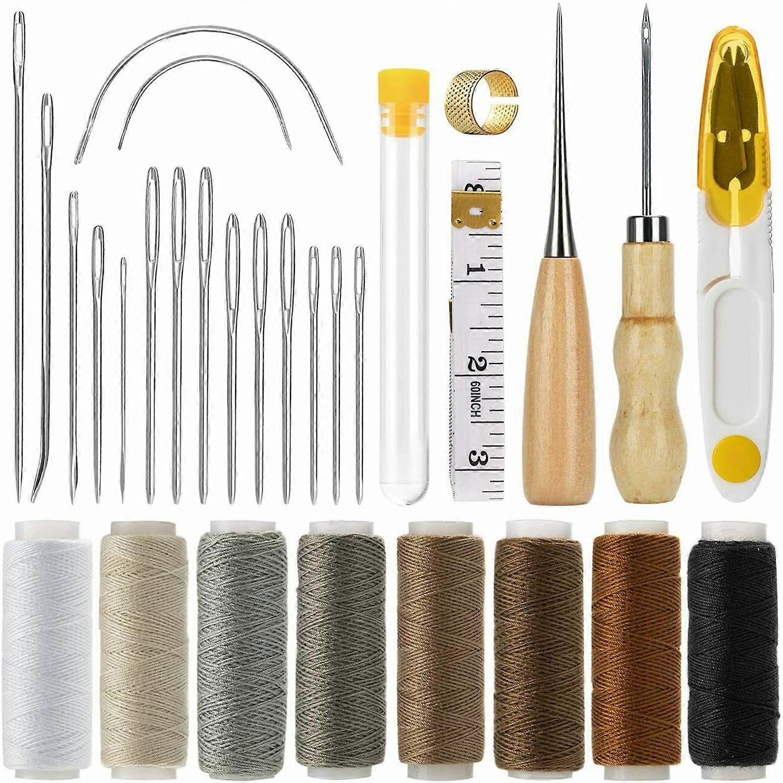 Leather Sewing Tools DIY Hand Stitching Kit with Groover Awl Waxed Thimble Thread Basic Tools for Beginners