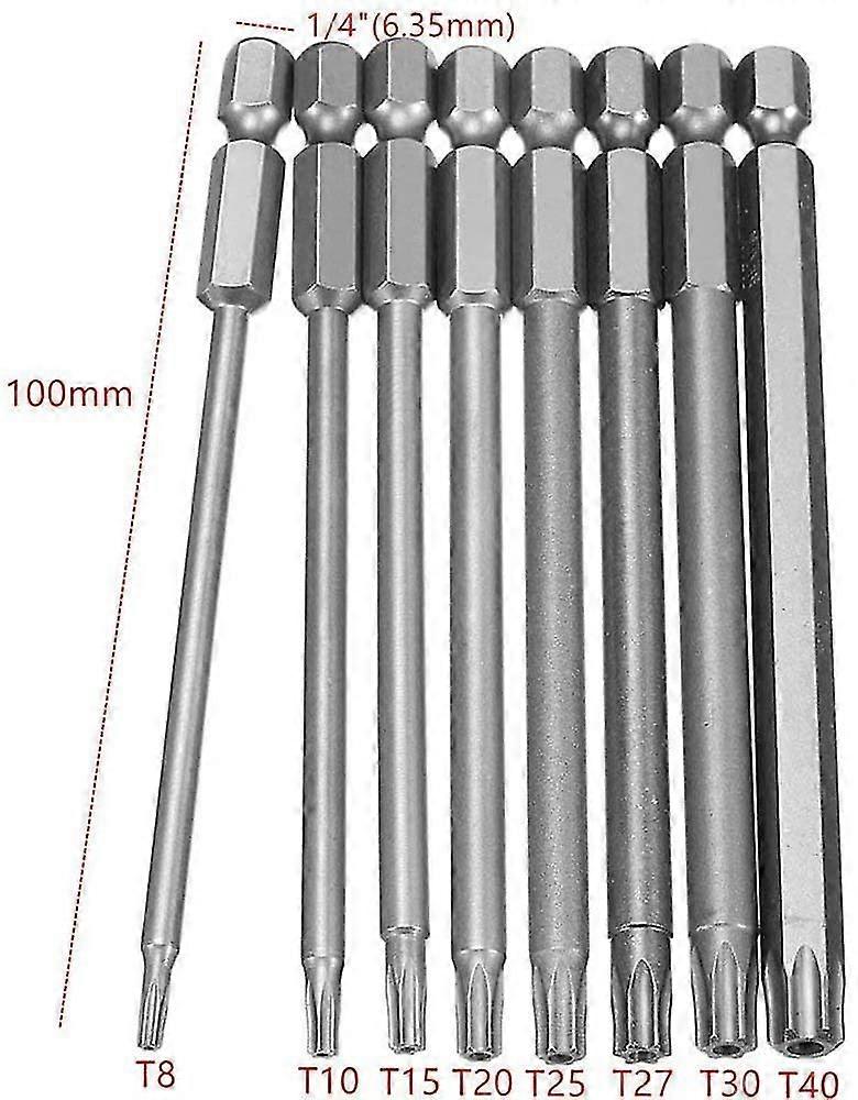 8 Pieces Extra Long Hollow Magnetic Torx Screwdriver Bits Set 1/4 Inch Hex Shank Screwdriver Power Tools T8-T40 100mm,,Silver