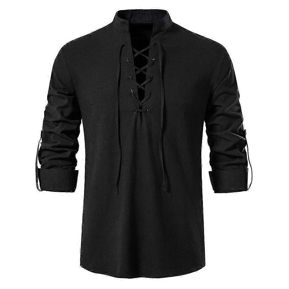 Camicia casual da uomo in cotone e lino con scollo a V e maniche lunghe