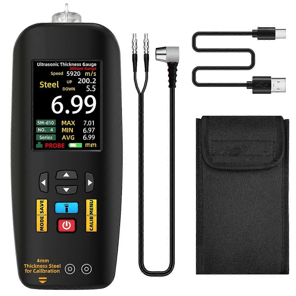 Ultrasonic Thickness Gauge, 1-300 mm Range with Color Display, with Probe for Measuring Metal Steel Silver Plastic PVC