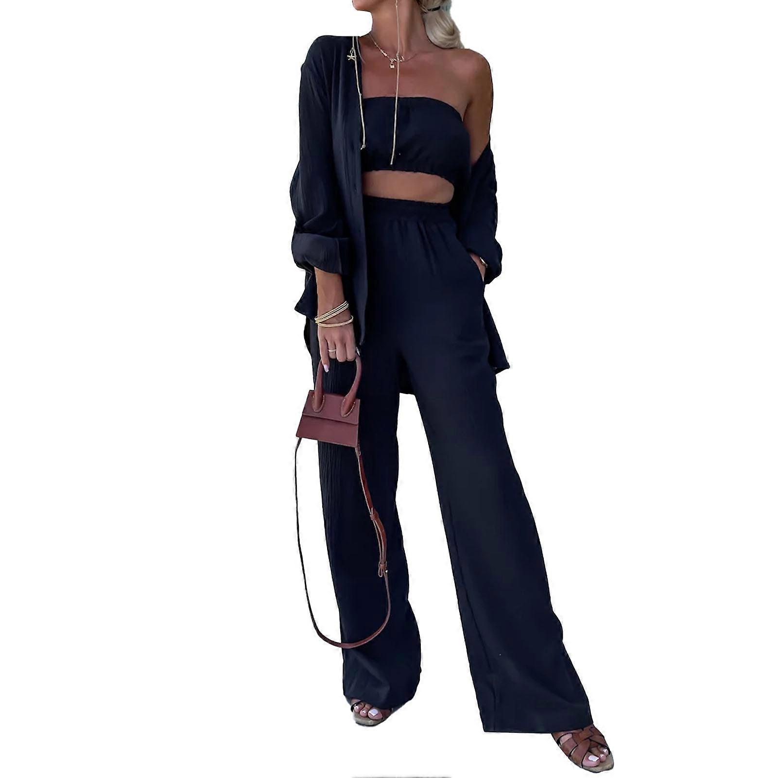 Vrouwen Lange Mouw Button Up Outfit Set Turn Down Kraag Wijde Pijpen Elastische Taille 2-delige Lounge Set Zwart L