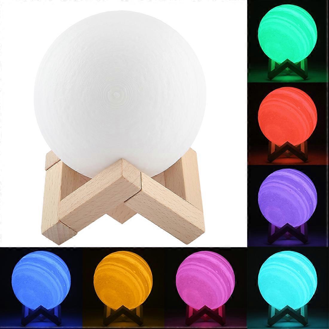 10cm Patted 3D Print Jupiter Lamp, USB Charging 7-Color Changing Energy-saving LED Night Light with Wooden Holder Base