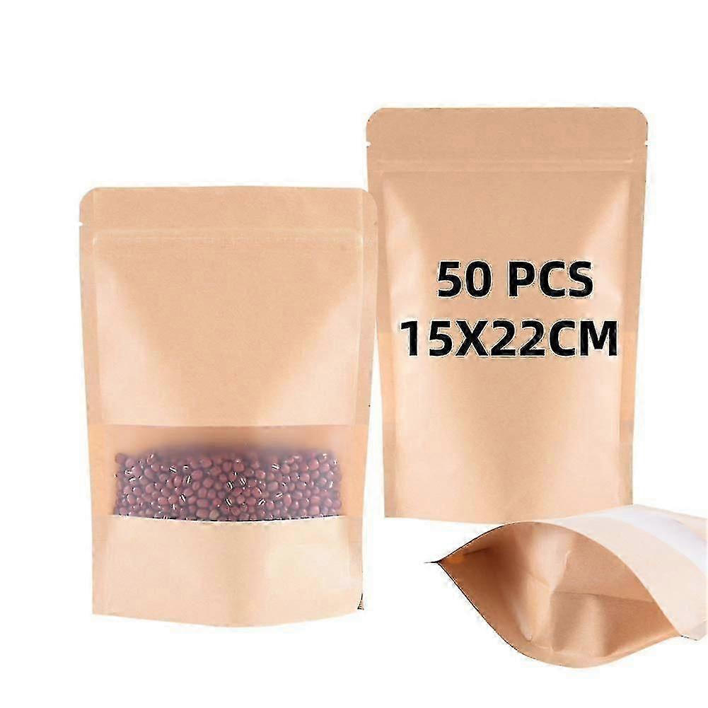 50pcs Kraft Paper Bag With Window, Waterproof And Moisture-proof, Reusable, Suitable For Dried Fruit Coffee Tea f54