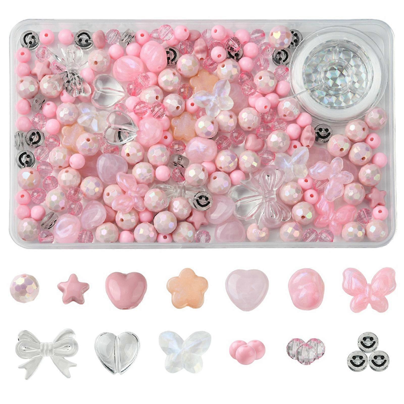 Craft Beads 210Pcs 13 Styles Acrylic Beads with 1 Roll Strong Stretchy Beading Elastic Thread Pink