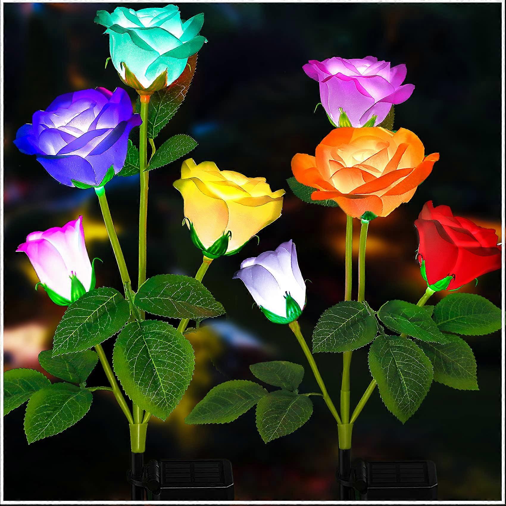 Solar Garden Lights - Upgraded 7-Color Changing Rose Lights, Large Solar Panel, Realistic Flower Design, 2 Pack