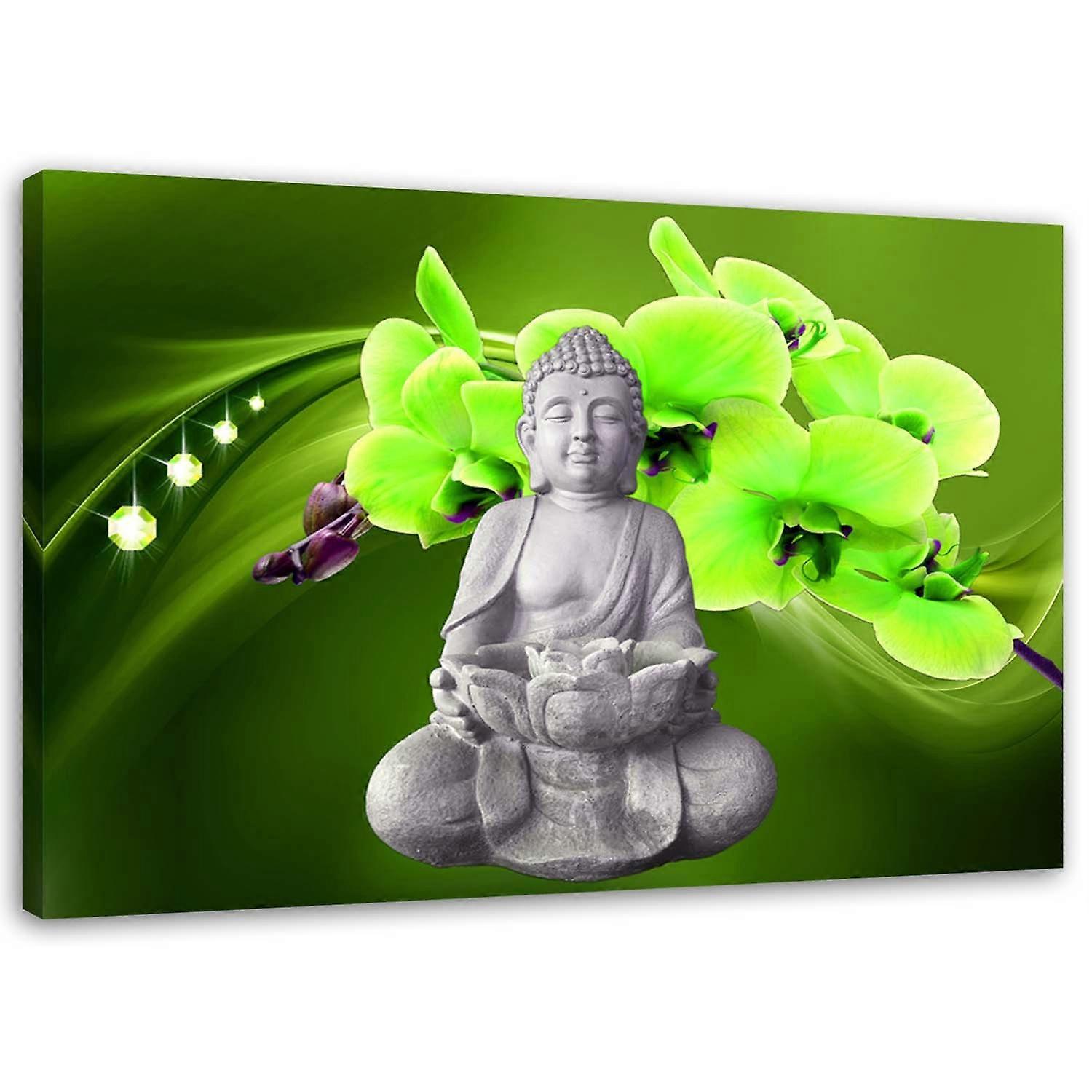 Leinwandbild, Buddha mit grüner Orchidee - 60x40