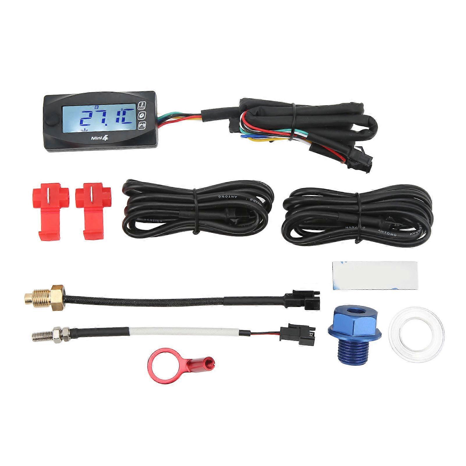 Motorcycle Digital 4 in 1 Thermometer Oil Engine Temperature Voltage Meter Time Display with 14mm Spark Plug Connector