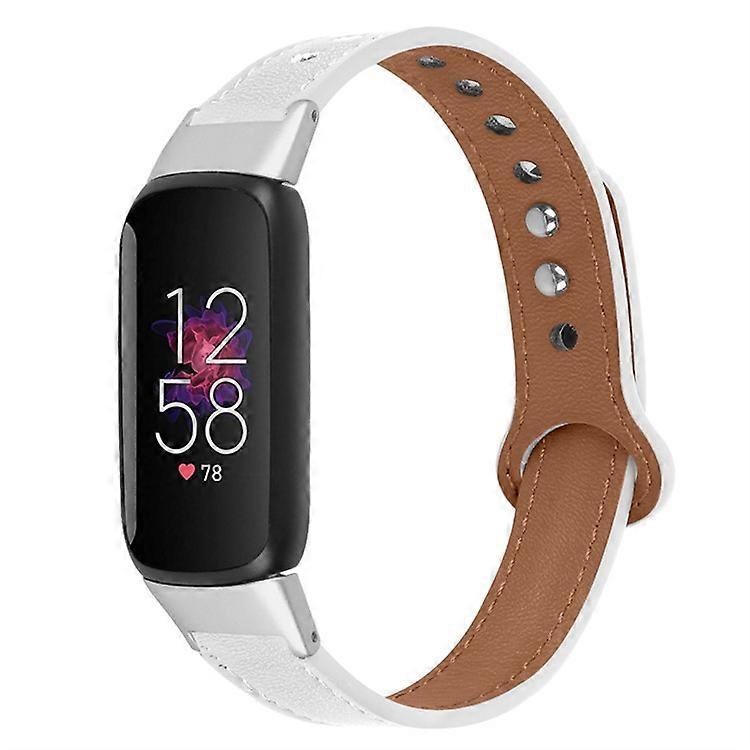 Replacement Wrist Band Compatible For Fitbit Luxe Smart Watch Adjustable Top Layer Cowhide Strap with Double Rivet, Silver Connect