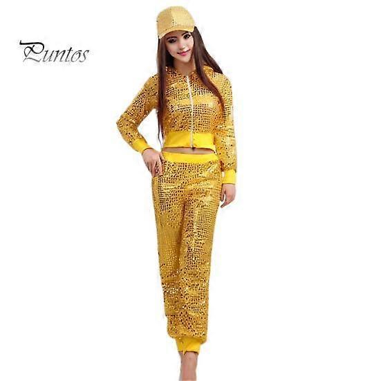 2 Pcs/Set Adult Performance Suit Unisex Shiny Sequin Coat Pants Set Hooded Zipper Elastic Waist Long Sleeves Cheerleader Hip Hop Jazz Modern Dance