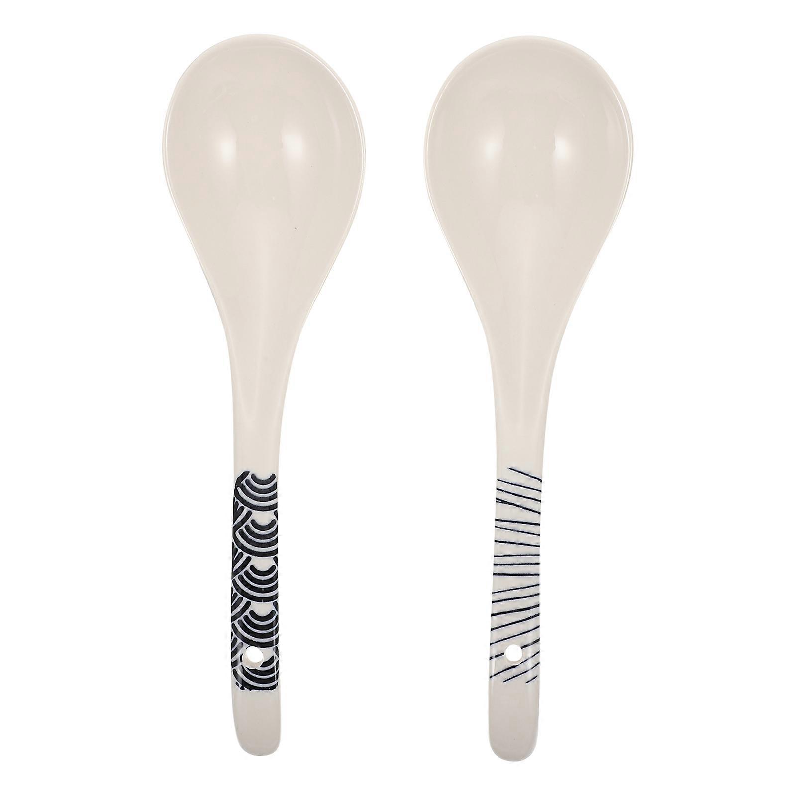 Ceramic Soup Spoons Set of 2 Long Handle Cooking Spoons for Hot Pot, Heat Resistant with Comfort Grip