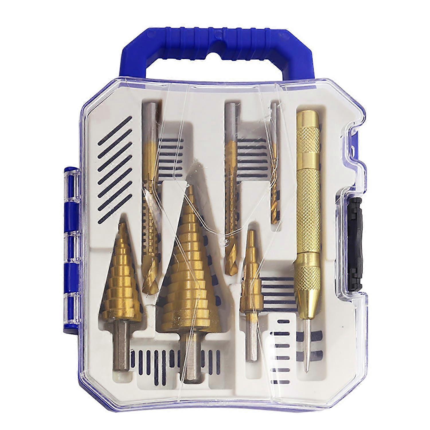 step drill bit set, 7piece, titanium coated, short length, 29 sizes, aluminum case