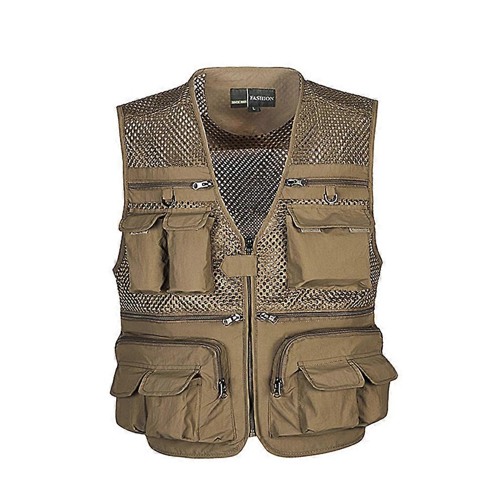 Mens Hunting Vest Mesh Breathable Fishing Clothing Multi-Pockets Warm 4XL Khaki 1Pack