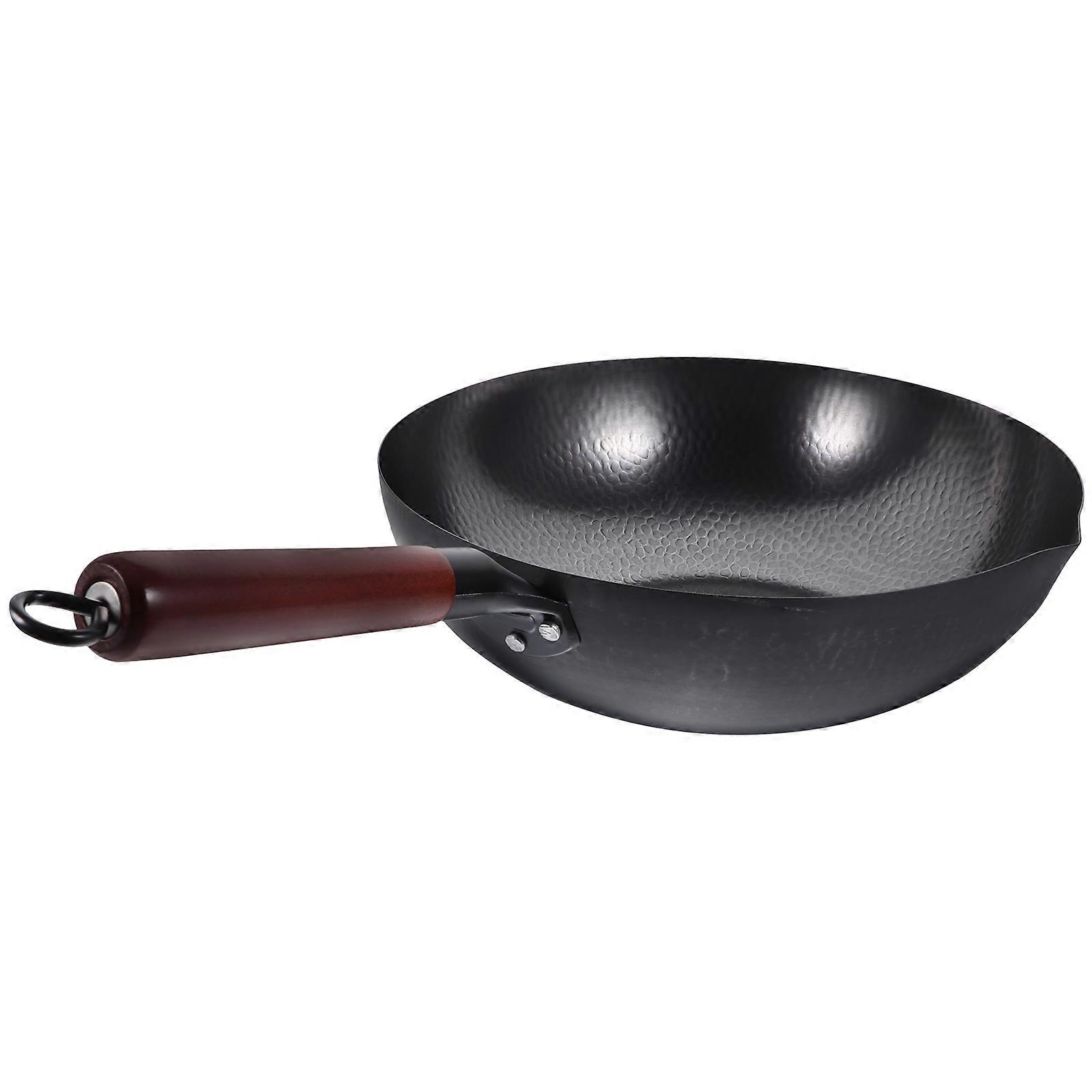 Wok Pan With Wood Handle Non-Stick Stir Fry Pan For Home Users Black Wrought Iron Multipurpose 21.5X12.9X3.8in 1Pcs