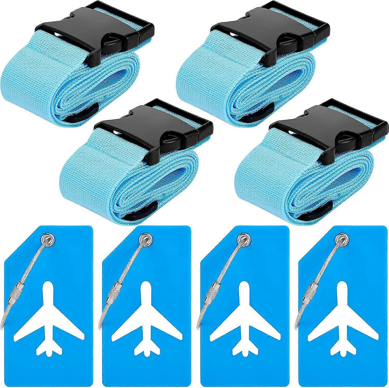 8-Piece TSA Luggage Set - 4 Adjustable Straps + 4 Silicone Tags with Card Slots - Luggage Travel Accessories (Blue)