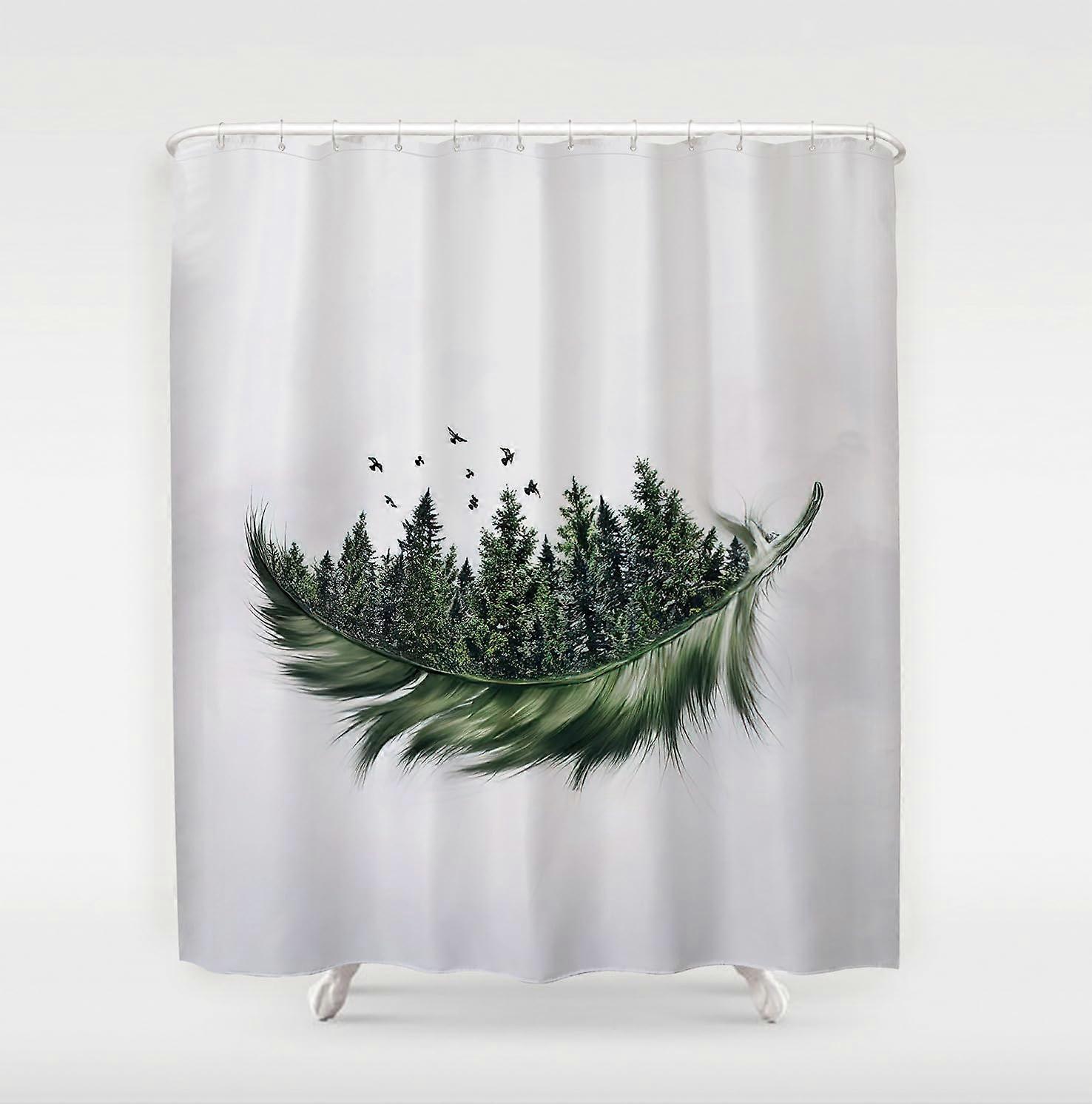 Polyester Shower Curtain 200x180 cm, Water-Repellent Feather Forest Design, Weighted Hem, Machine Washable, Quick Drying