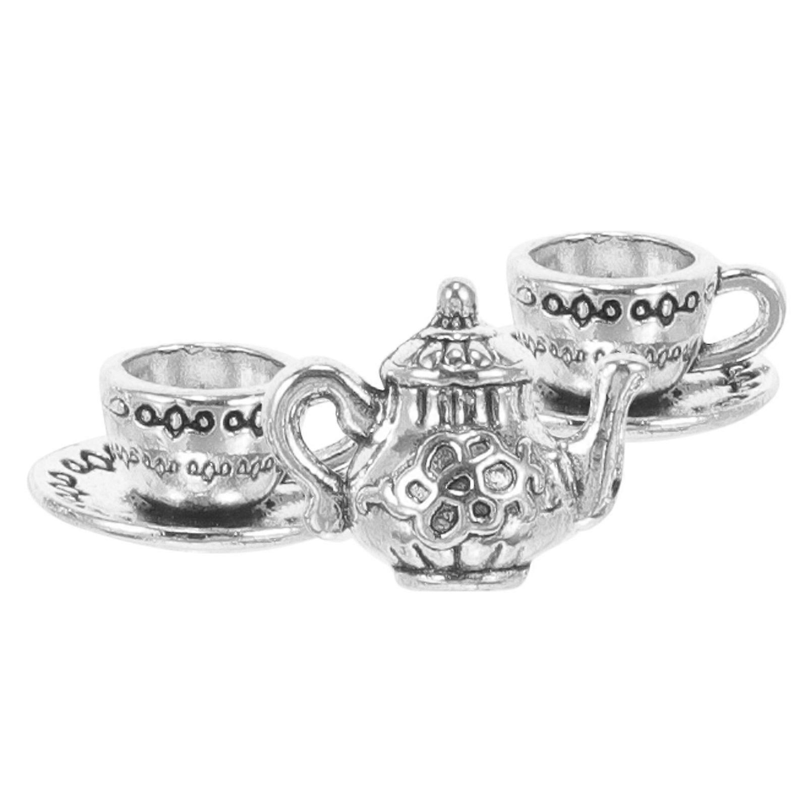 Miniature Tea Set with Iron Teapot and Cups in Silver Color for Decoration Small Size