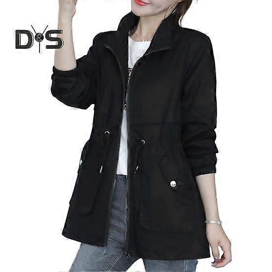 Women Autumn Winter Double Layer Windbreaker Stand Collar Long Sleeve Zipper Placket Inner Drawstring Pockets Coat