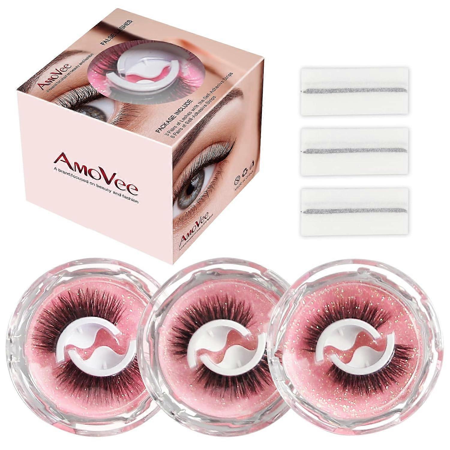 Self-adhesive eyelashes, glue-free eyelashes, easy to put on and take off false eyelashes (3 pairs) black