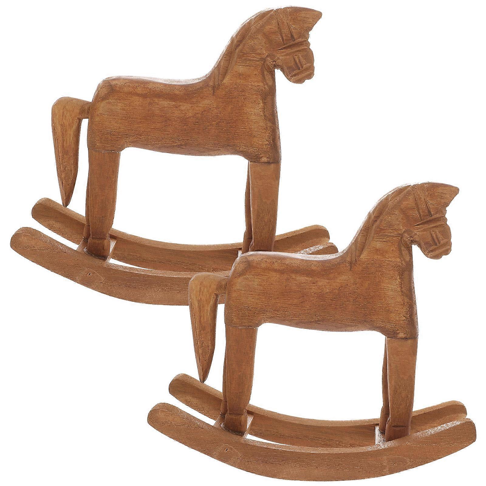 Wooden Rocking Horse Ornament for Home Decoration Brown Synthetic Material 2 Pieces