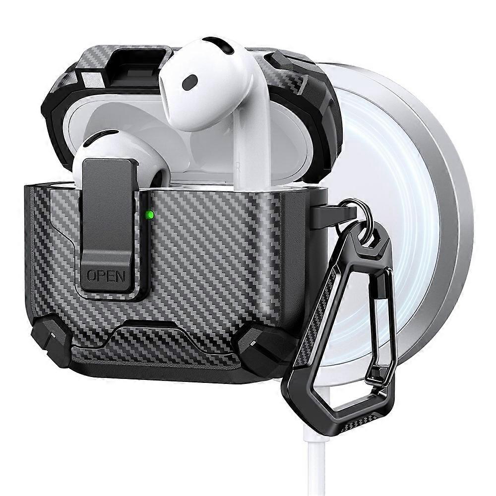 Compatible For AirPods 4 Case Canbon Fiber Texture Compatible with MagSafe TPU PC Earbuds Cover with Carabiner
