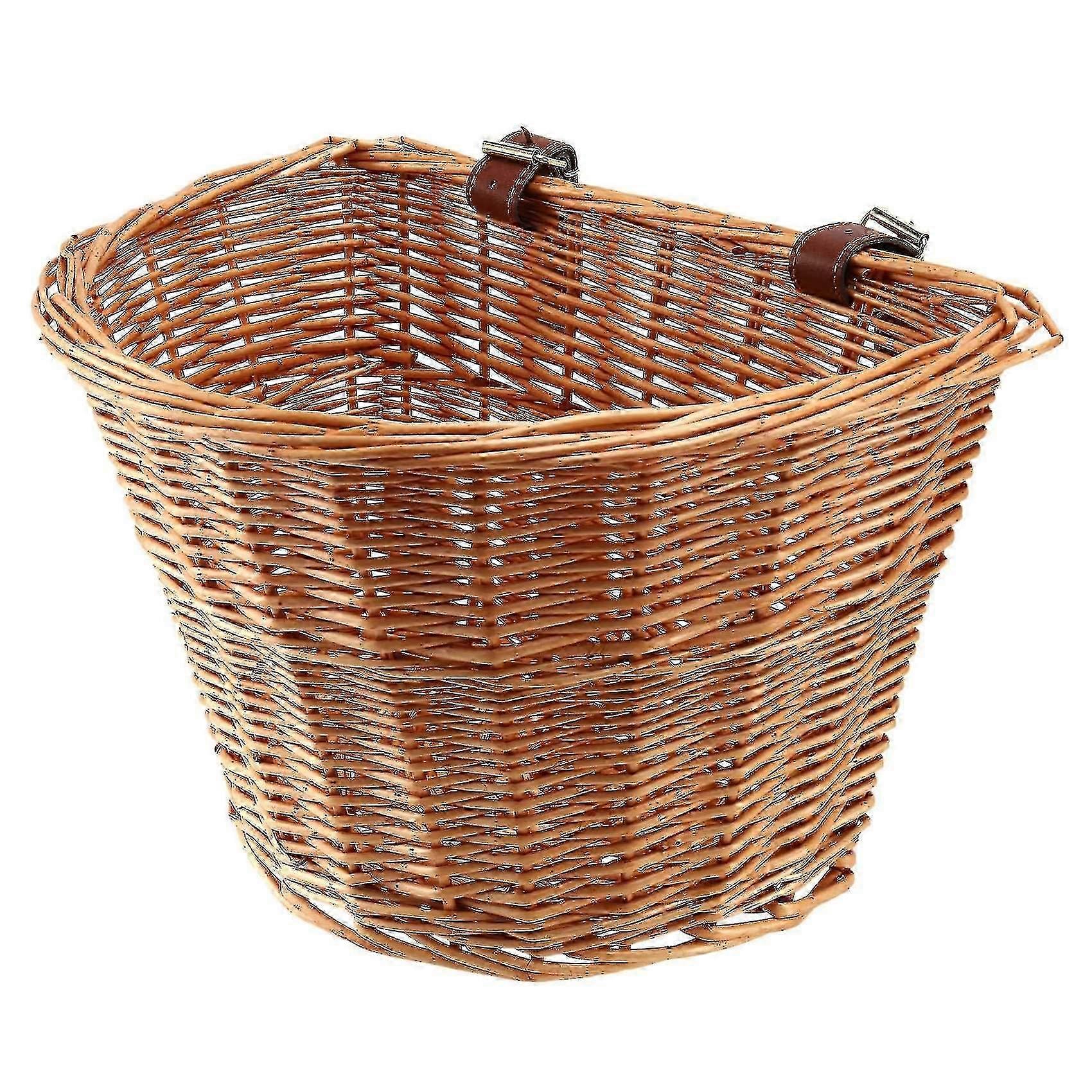 Retro Handmade Wicker Bicycle Front Basket With Leather Straps