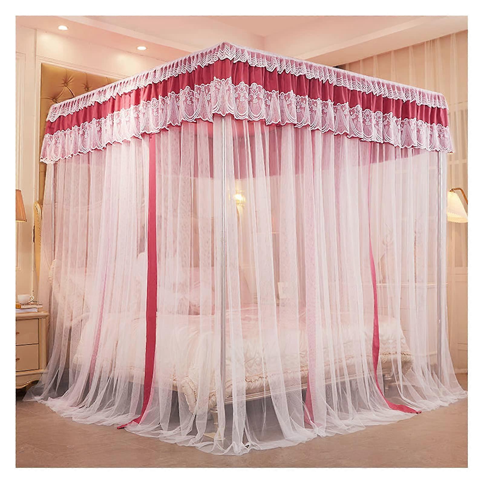 Mosquito Net Princess Bed Canopy With Metal Bracket 4Poster Embroidered Lace King Size Bed Net Red 1.8x2m/5.9x6.6ft