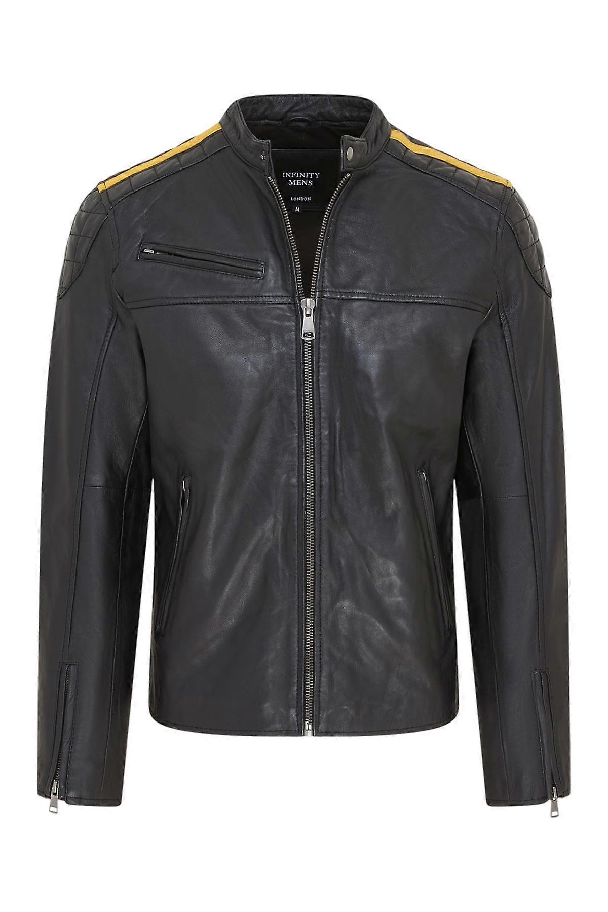 Mens Classic Black Quilted Leather Yellow Stripped Biker Racing Moto Jacket