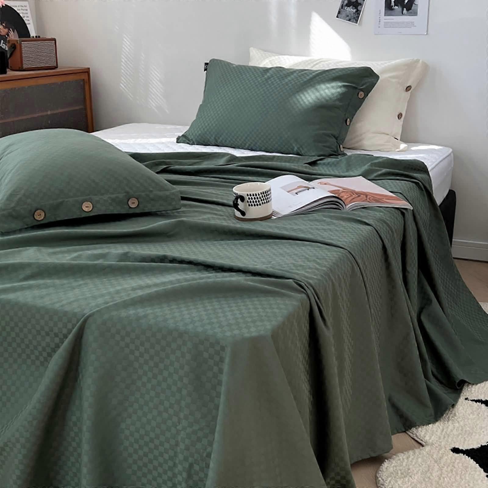 Full Flat Sheet 90 X 98 In Cotton Checkered Pattern Dark Green Twin XL Compatible for Adjustable Beds
