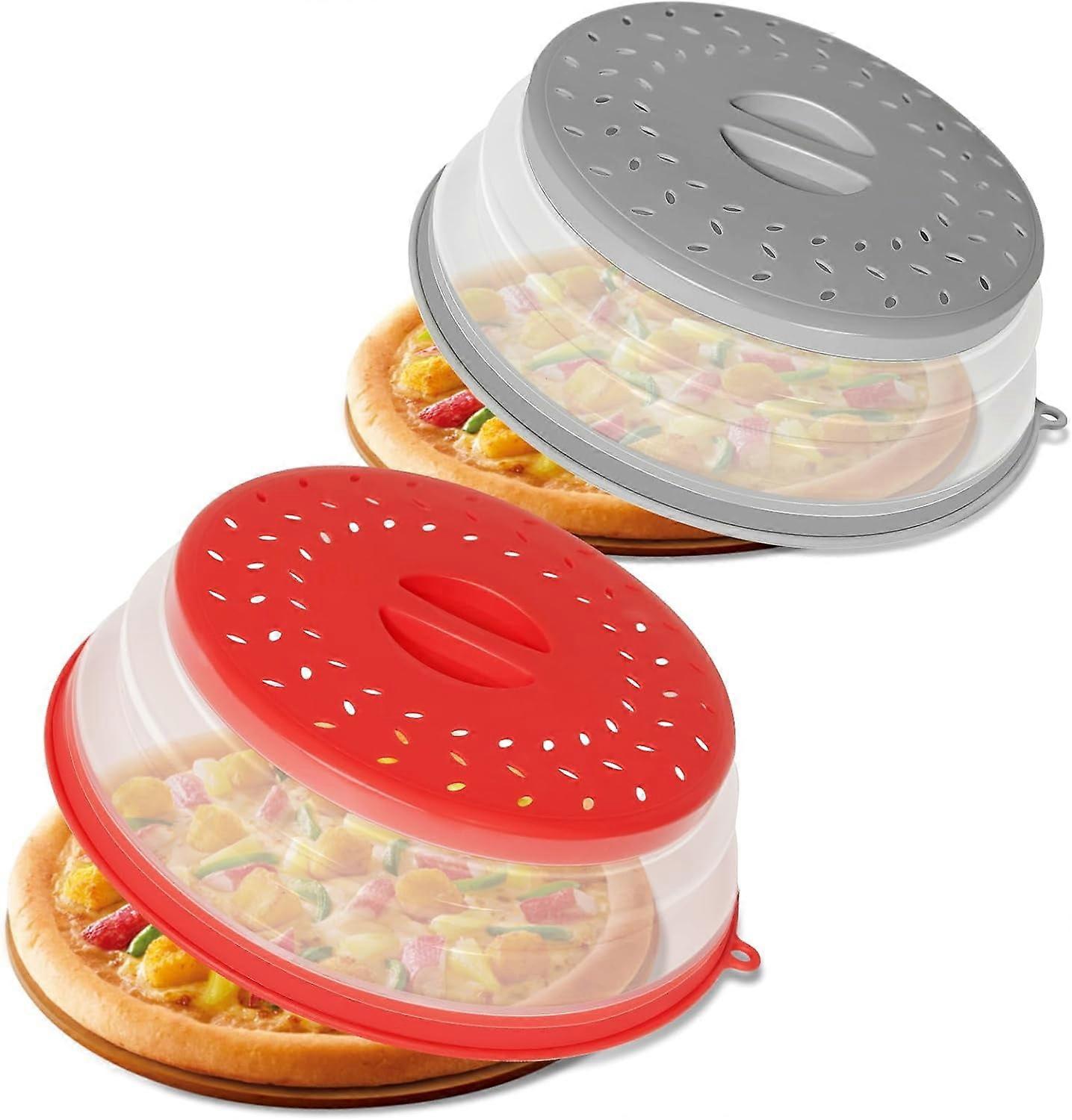2 Pack Collapsible Microwave Splatter Cover with Vented Lid & Hook Hole, Compatible with Plate Bowl – Multi-function Colander & Lid (Grey & Red)