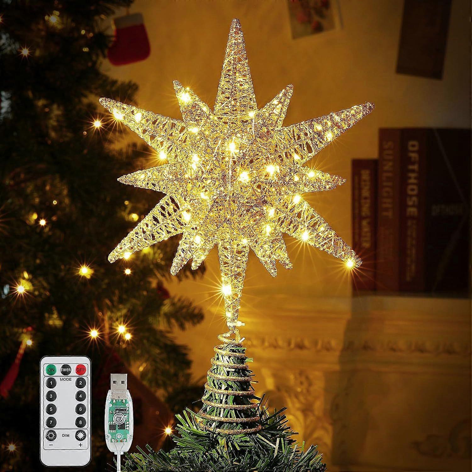 Christmas Tree Topper Star, 3D Lighted Tree Topper with 8 Lighting Modes & Timer USB Power Xmas Indoor Decor Ornaments Adjustable Brightness Decor Fes