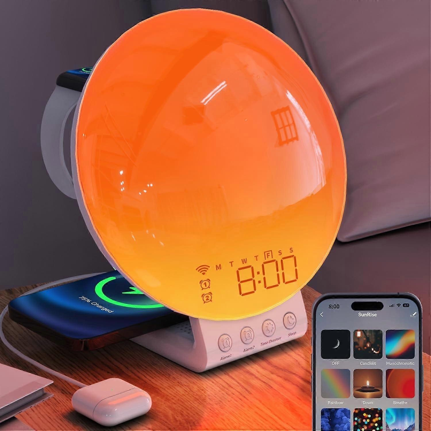 Sunrise Alarm Clock Smart, 3 in 1 Wireless Charging Station, App Control Sound Machine White Noise