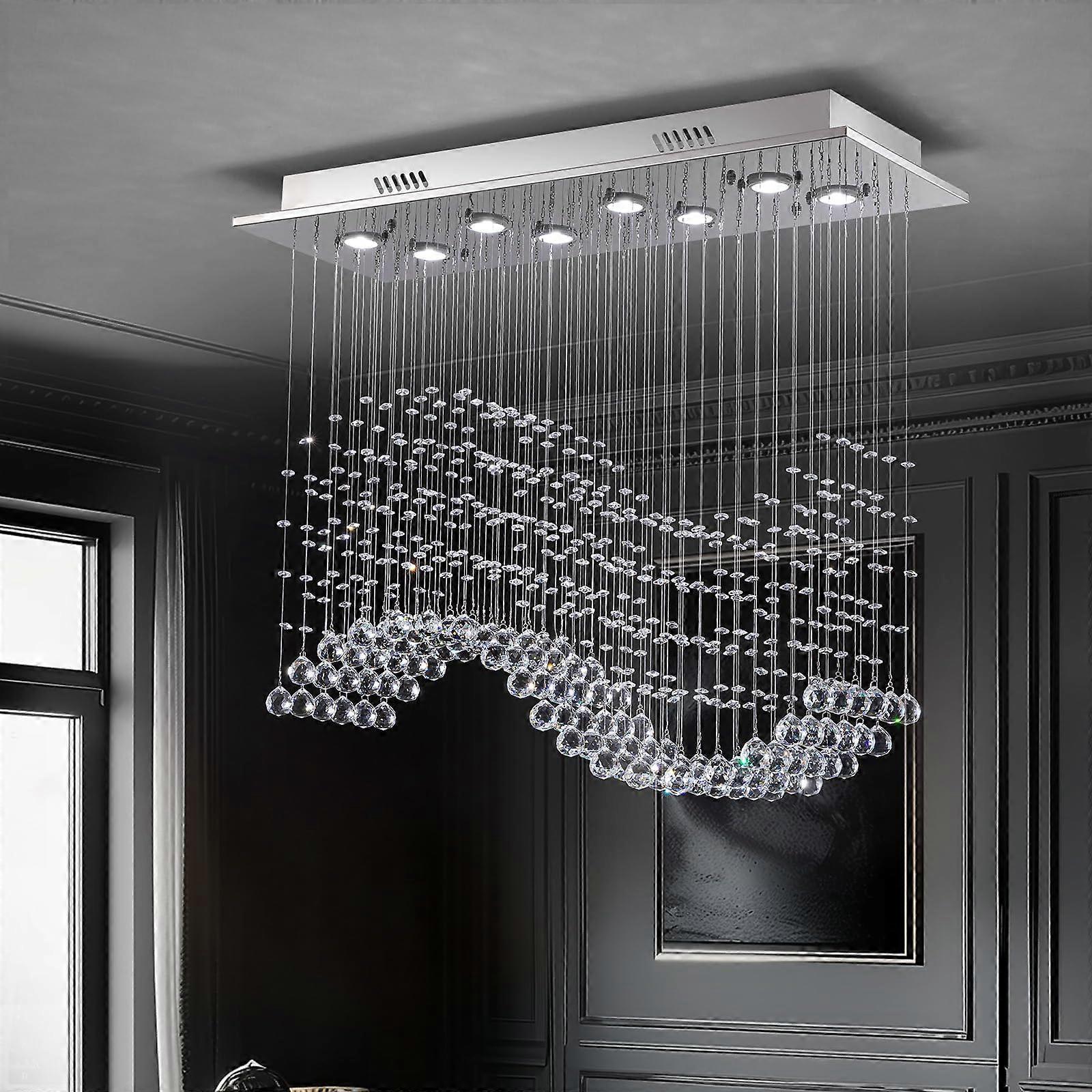 Modern Rectangular Crystal Chandelier with Wave Design, GU10 Lighting for Dining Room, 31.5x11.8x32.3