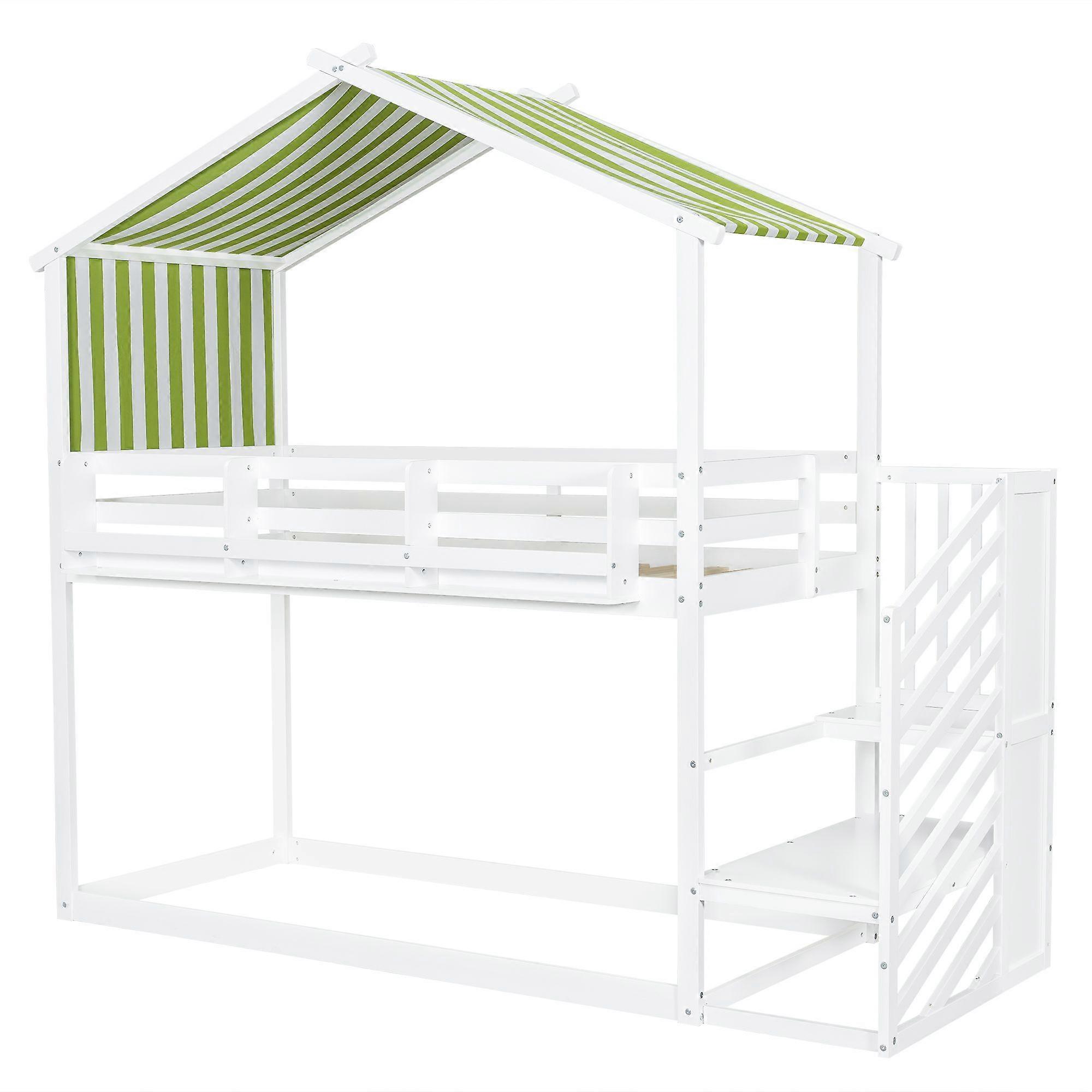 Children's Bunk Bed with Canopy Corner Staircase and Shelf