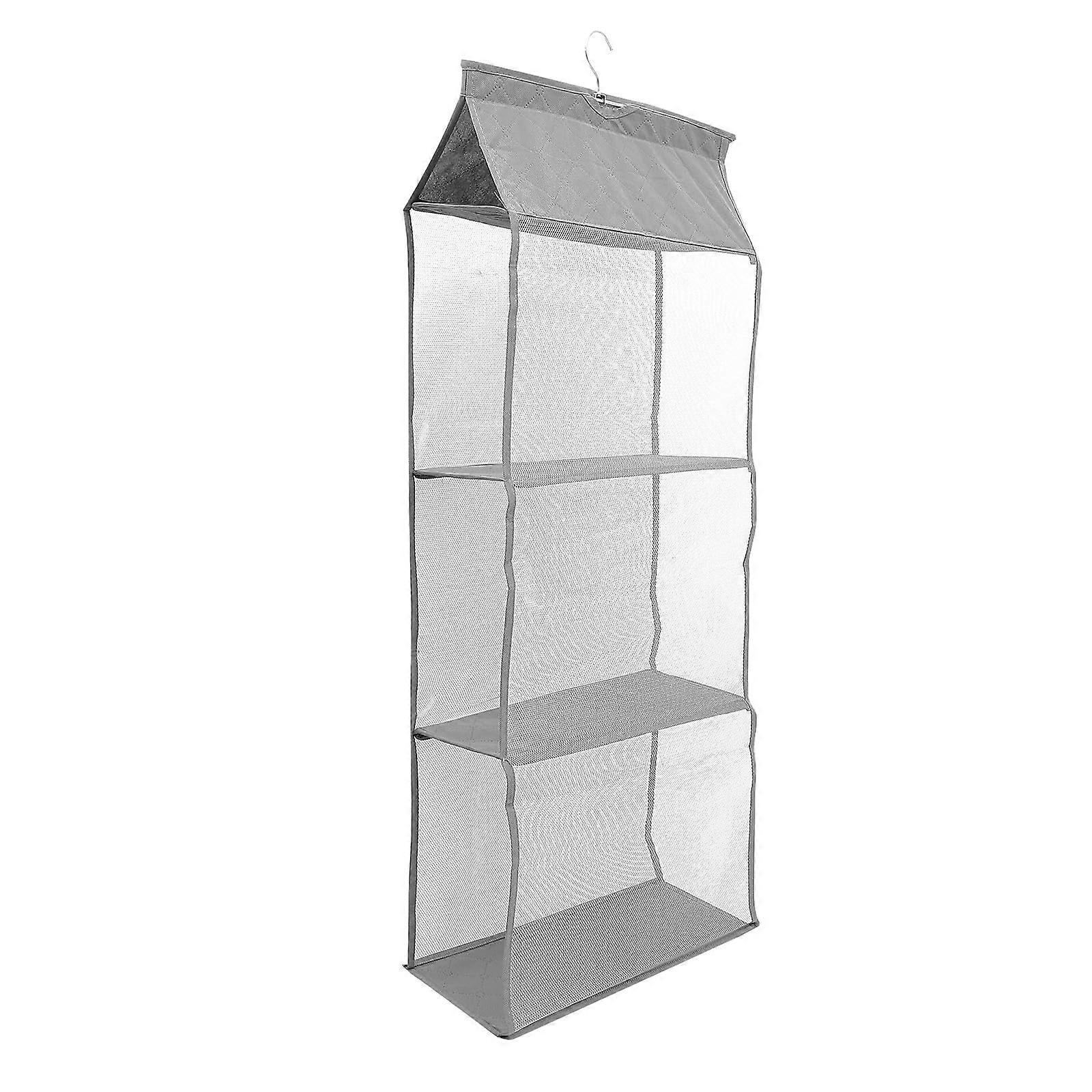 3Layer Gray Hanging Storage Bag with Hook, Wall Mounted Organizer with Transparent Window for Closet