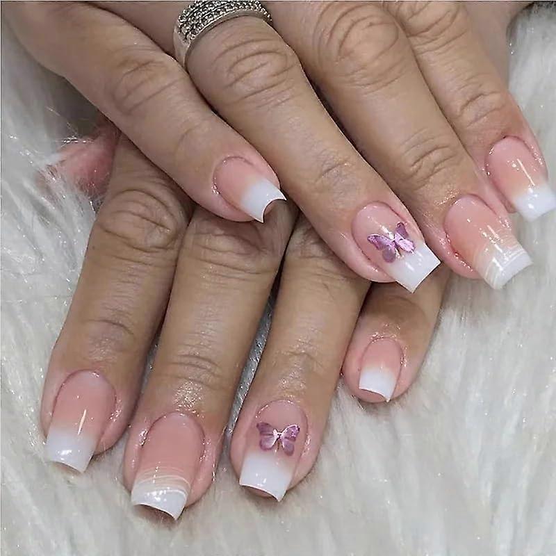 Pink and White Gradient French Press On Nails Short Square Full Coverage Tips Mixed Sizes
