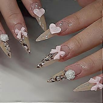 Long Stiletto Press On Nails with Glue, Valentine's 3D Bow Heart Fake Nails, Reusable Flower Tips