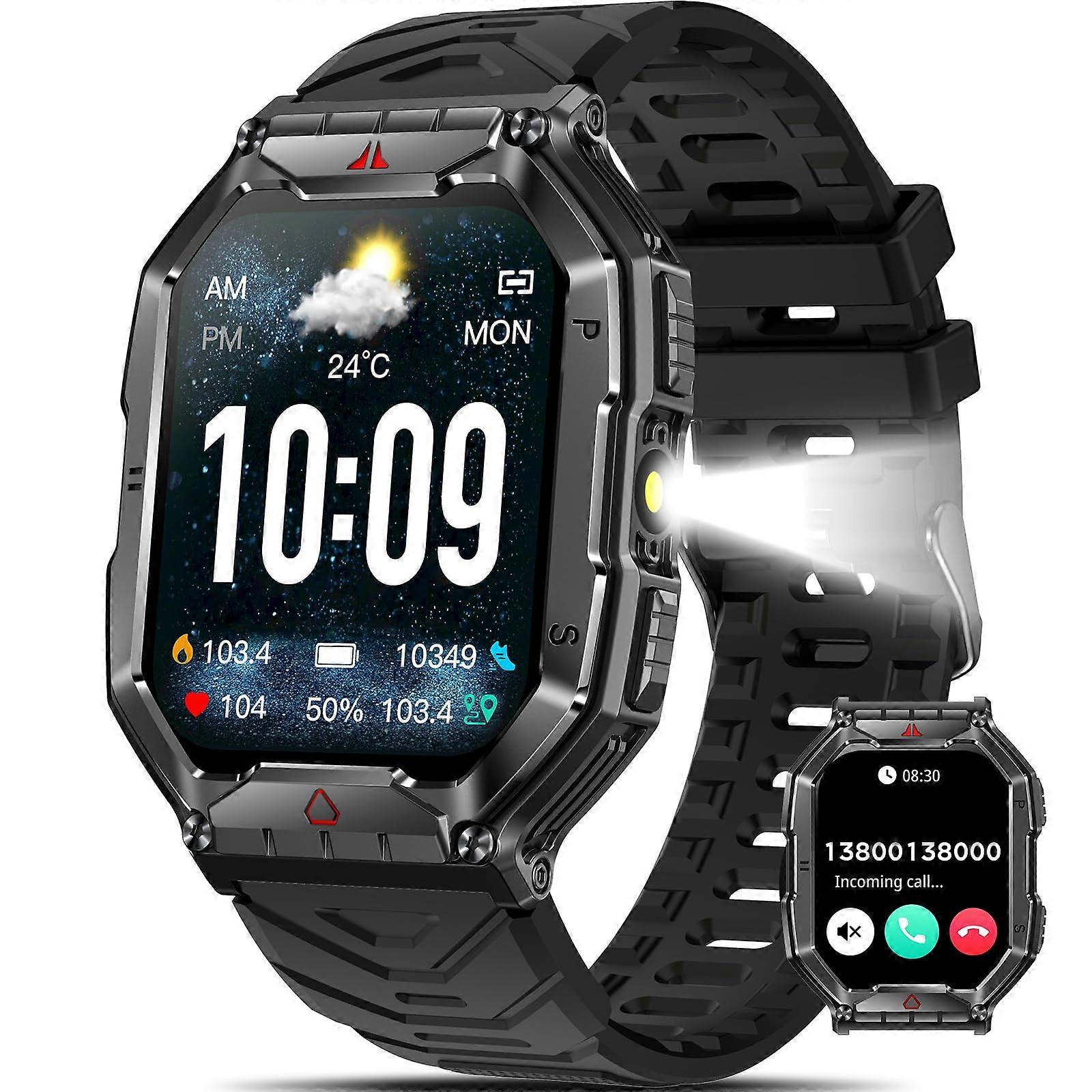 Military Smartwatch with 2.1' AMOLED, Bluetooth Calling, Compass, LED Flashlight, 1ATM Waterproof