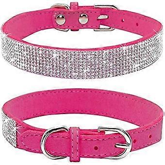 Rhinestone Dog Collar, Cute Dazzling Sparkling Soft Suede Leather Dog Cat Rhinestone Collar Crystal Diamond Pet Dog Puppy Collar (L, Hot Pink)
