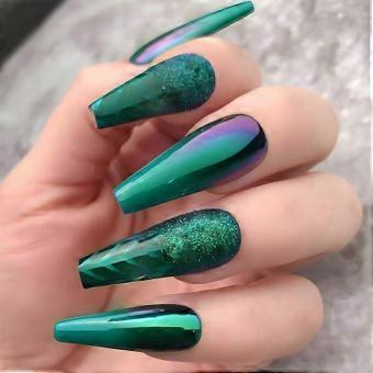 Extra Long Coffin Press On Nails Green Glitter Reusable Acrylic Fake Nails Full Cover DIY Manicure-ad