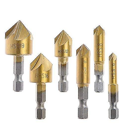 6pcs 1/4'' Countersink Drill Bit Set, Hex Shank Hss 5 Flute 90 Degree Deburring Tool Center Punch Tool, High Speed Steel, Quick Change Bit 6/8/9/12/16